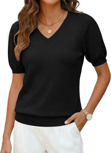 LaGracia Women's Puff Short Sleeve Sweater Spring Summer Tops V Neck Dressy Casual Tops 2026 Trendy in Saudi Arabia