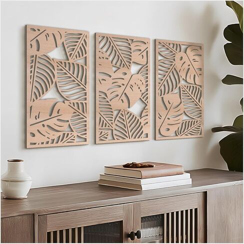 VIYYIEA Boho الخشب الصلب المنحوت جدار الفن مجموعة من 3، هندسية الحد الأدنى لوحات ديكور المنزل الخشبية، يدويا الجدار الخشب الصلب معلقة لغرفة المعيشة غرفة نوم المدخل، 16 × 8 بوصة لكل منهما (أوراق البلوط) in Kuwait