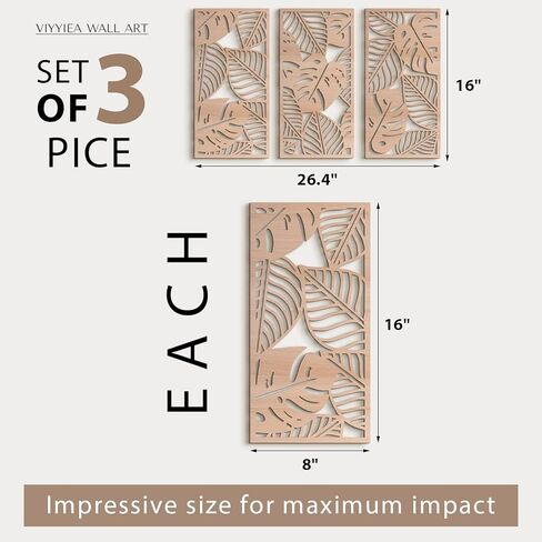 VIYYIEA Boho الخشب الصلب المنحوت جدار الفن مجموعة من 3، هندسية الحد الأدنى لوحات ديكور المنزل الخشبية، يدويا الجدار الخشب الصلب معلقة لغرفة المعيشة غرفة نوم المدخل، 16 × 8 بوصة لكل منهما (أوراق البلوط) in Kuwait