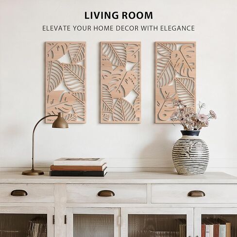VIYYIEA Boho الخشب الصلب المنحوت جدار الفن مجموعة من 3، هندسية الحد الأدنى لوحات ديكور المنزل الخشبية، يدويا الجدار الخشب الصلب معلقة لغرفة المعيشة غرفة نوم المدخل، 16 × 8 بوصة لكل منهما (أوراق البلوط) in Kuwait