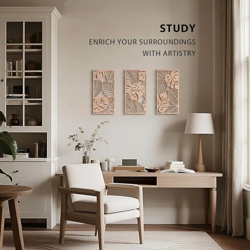 VIYYIEA Boho الخشب الصلب المنحوت جدار الفن مجموعة من 3، هندسية الحد الأدنى لوحات ديكور المنزل الخشبية، يدويا الجدار الخشب الصلب معلقة لغرفة المعيشة غرفة نوم المدخل، 16 × 8 بوصة لكل منهما (أوراق البلوط) in Kuwait