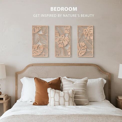 VIYYIEA Boho الخشب الصلب المنحوت جدار الفن مجموعة من 3، هندسية الحد الأدنى لوحات ديكور المنزل الخشبية، يدويا الجدار الخشب الصلب معلقة لغرفة المعيشة غرفة نوم المدخل، 16 × 8 بوصة لكل منهما (أوراق البلوط) in Kuwait