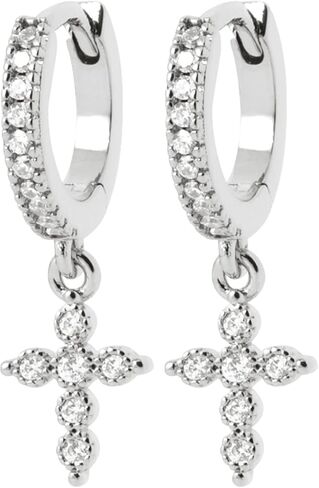 أقراط متقاطعة من الذهب المطلي عيار 18 قيراط أو الفضة الإسترلينية عيار 925 من الروديوم مع زركونيا مكعبة I صغيرة 0.4 × 0.2 بوصة I أقراط دينية للرجال والنساء I أقراط مضادة للحساسية I أقراط ذهبية أو فضية I هدية للنساء والرجال in Kuwait