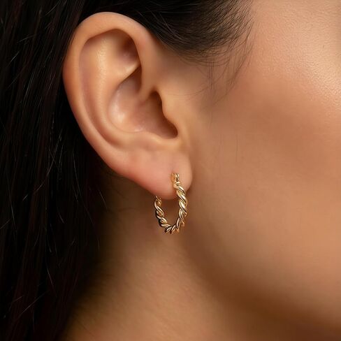 SUENA BARCELONA 14K Gold Plated Twisted Hoop Earrings for Women – 15mm (0.6") Small Dainty Chunky Hoops, Lightweight Hypoallergenic Rope Huggie Earrings, Secure Snap Closure | Spain Mediterranean Style, Elegant Gift for Her in Saudi Arabia