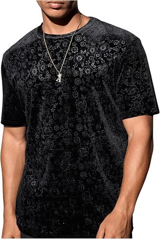OYOANGLE Men's Velvet Crew Neck T Shirt Floral Short Sleeve Party Tee Tops Streetwear in Saudi Arabia