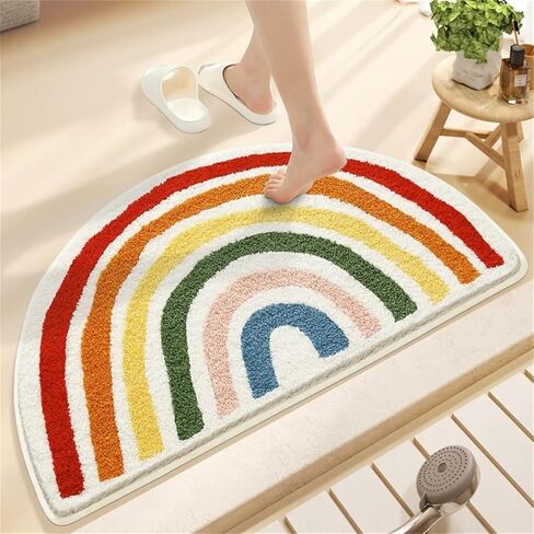 Ankah Rainbow Bath Rug, Striped Half-Moon Shaped Colorful Boho Flocking Bathroom Mat, Soft Fiber, High Absorbent, Anti-Slip, Durability, Machine Wash, Great for Home, 19.7" x 31.5", Semicircular in Kuwait