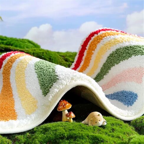 Ankah Rainbow Bath Rug, Striped Half-Moon Shaped Colorful Boho Flocking Bathroom Mat, Soft Fiber, High Absorbent, Anti-Slip, Durability, Machine Wash, Great for Home, 19.7" x 31.5", Semicircular in Kuwait