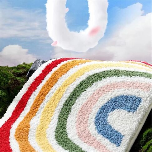 Ankah Rainbow Bath Rug, Striped Half-Moon Shaped Colorful Boho Flocking Bathroom Mat, Soft Fiber, High Absorbent, Anti-Slip, Durability, Machine Wash, Great for Home, 19.7" x 31.5", Semicircular in Kuwait