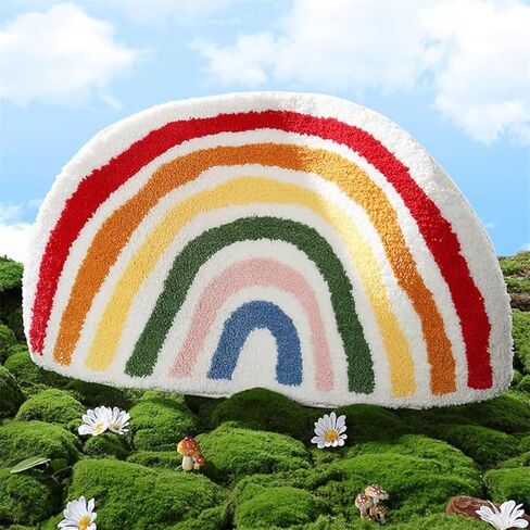 Ankah Rainbow Bath Rug, Striped Half-Moon Shaped Colorful Boho Flocking Bathroom Mat, Soft Fiber, High Absorbent, Anti-Slip, Durability, Machine Wash, Great for Home, 19.7" x 31.5", Semicircular in Kuwait