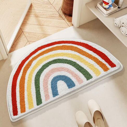 Ankah Rainbow Bath Rug, Striped Half-Moon Shaped Colorful Boho Flocking Bathroom Mat, Soft Fiber, High Absorbent, Anti-Slip, Durability, Machine Wash, Great for Home, 19.7" x 31.5", Semicircular in Kuwait