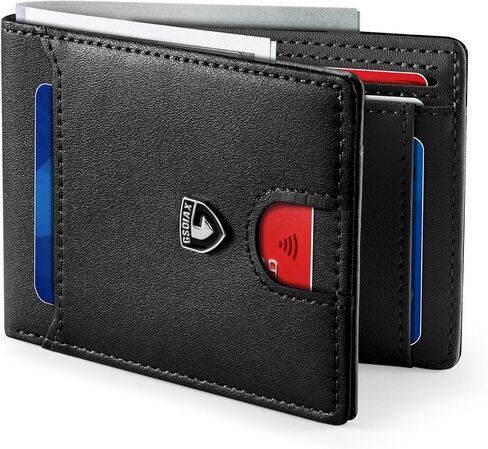 GSOIAX Mens Slim Wallet RFID Blocking Bifold wallets for men Minimalist Genuine Leather Carbon Fiber Card Holder Money Clip Thin Mens with Gift Box (Black-1) in Kuwait