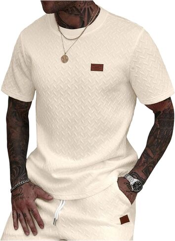 OYOANGLE Men's Textured Short Sleeve Tee Shirts Letter Patched Crewneck Plain T Shirts in Saudi Arabia