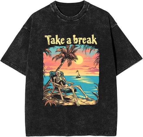 تي شيرت داكن قوطي عتيق كبير الحجم مغسول بالحمض - تي شيرت برسوم ثقيلة الوزن للرجال والنساء، ملابس الشارع للجنسين in Kuwait