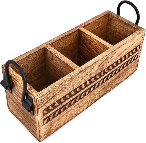 NIRMAN Pen Stand Holder Desktop Rustic Pen Organizer, Wooden Pencil Holder with 3 Compartment (11" x 4" x 4.5") in Kuwait