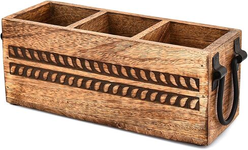 NIRMAN Pen Stand Holder Desktop Rustic Pen Organizer, Wooden Pencil Holder with 3 Compartment (11" x 4" x 4.5") in Kuwait