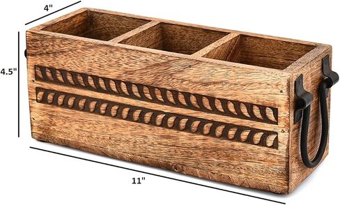 NIRMAN Pen Stand Holder Desktop Rustic Pen Organizer, Wooden Pencil Holder with 3 Compartment (11" x 4" x 4.5") in Kuwait