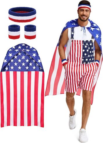 Ultrafun Mens American Flag Overalls, USA Cape, Sweatband & Wristbands, 4Pcs 4th of July Outfits for Independence Labor Day in Saudi Arabia