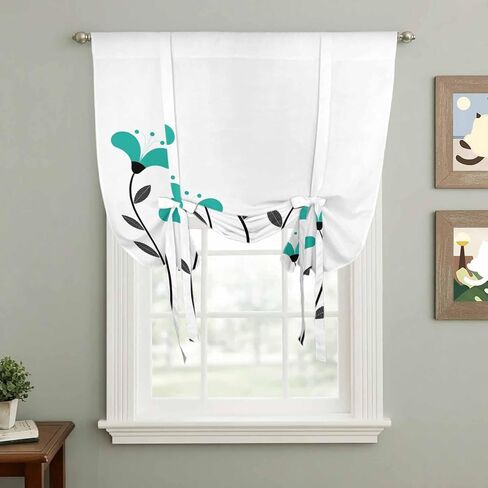 Teal Green Floral Tie Up Curtains for Window, Abstract Botanical Flower Leaf Artwork Thermal Insulated Balloon Shade Adjustable Rod Pocket Curtains Valance Panels for Kitchen Bathroom Café 42'' x 45'' in Saudi Arabia