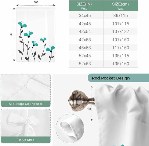 Teal Green Floral Tie Up Curtains for Window, Abstract Botanical Flower Leaf Artwork Thermal Insulated Balloon Shade Adjustable Rod Pocket Curtains Valance Panels for Kitchen Bathroom Café 42'' x 45'' in Saudi Arabia