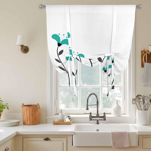 Teal Green Floral Tie Up Curtains for Window, Abstract Botanical Flower Leaf Artwork Thermal Insulated Balloon Shade Adjustable Rod Pocket Curtains Valance Panels for Kitchen Bathroom Café 42'' x 45'' in Saudi Arabia