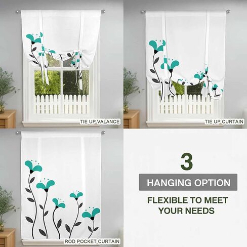Teal Green Floral Tie Up Curtains for Window, Abstract Botanical Flower Leaf Artwork Thermal Insulated Balloon Shade Adjustable Rod Pocket Curtains Valance Panels for Kitchen Bathroom Café 42'' x 45'' in Saudi Arabia