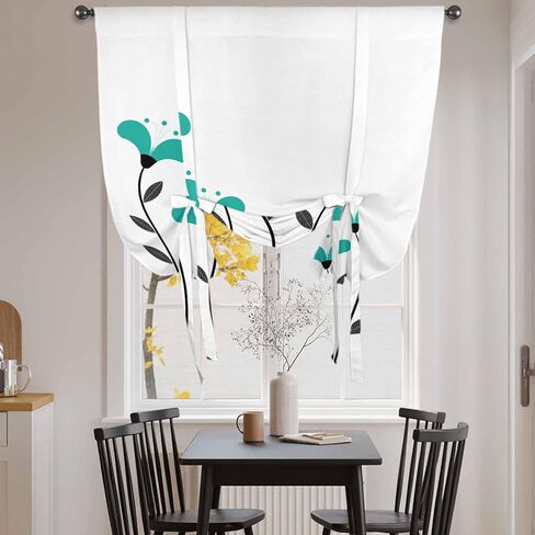Teal Green Floral Tie Up Curtains for Window, Abstract Botanical Flower Leaf Artwork Thermal Insulated Balloon Shade Adjustable Rod Pocket Curtains Valance Panels for Kitchen Bathroom Café 42'' x 45'' in Saudi Arabia