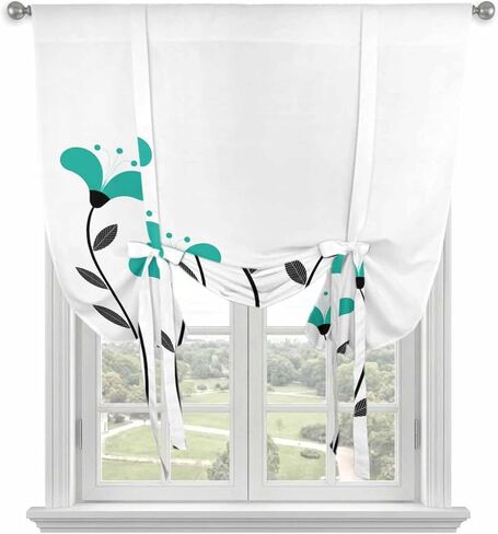 Teal Green Floral Tie Up Curtains for Window, Abstract Botanical Flower Leaf Artwork Thermal Insulated Balloon Shade Adjustable Rod Pocket Curtains Valance Panels for Kitchen Bathroom Café 42'' x 45'' in Saudi Arabia