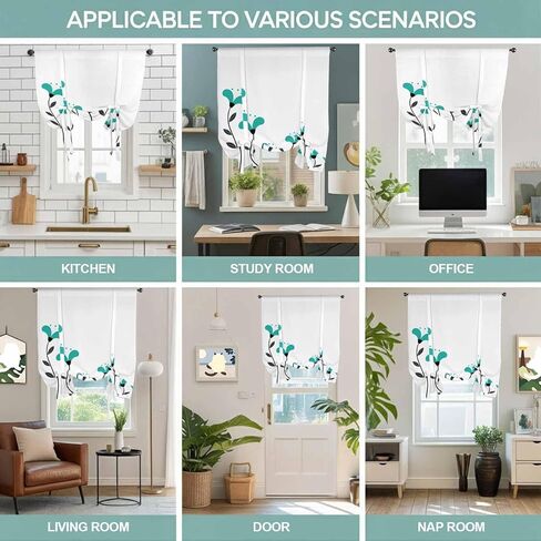 Teal Green Floral Tie Up Curtains for Window, Abstract Botanical Flower Leaf Artwork Thermal Insulated Balloon Shade Adjustable Rod Pocket Curtains Valance Panels for Kitchen Bathroom Café 42'' x 45'' in Saudi Arabia