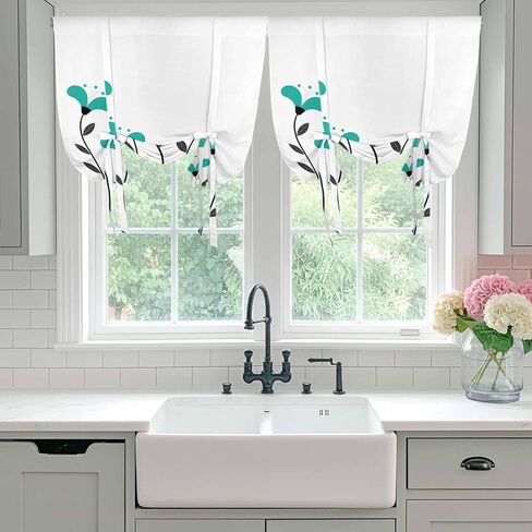 Teal Green Floral Tie Up Curtains for Window, Abstract Botanical Flower Leaf Artwork Thermal Insulated Balloon Shade Adjustable Rod Pocket Curtains Valance Panels for Kitchen Bathroom Café 42'' x 45'' in Saudi Arabia