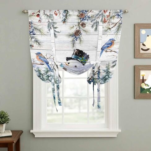 Blue Snowman Christmas Tie Up Curtains for Window, Xmas Tree Snowflake Gifts Wooden Thermal Insulated Balloon Shade Adjustable Rod Pocket Curtains Valance Panels for Kitchen Bathroom Café 52'' x 45'' in Saudi Arabia