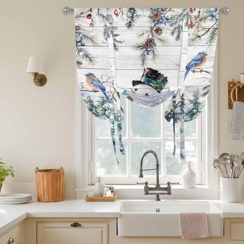 Blue Snowman Christmas Tie Up Curtains for Window, Xmas Tree Snowflake Gifts Wooden Thermal Insulated Balloon Shade Adjustable Rod Pocket Curtains Valance Panels for Kitchen Bathroom Café 52'' x 45'' in Saudi Arabia