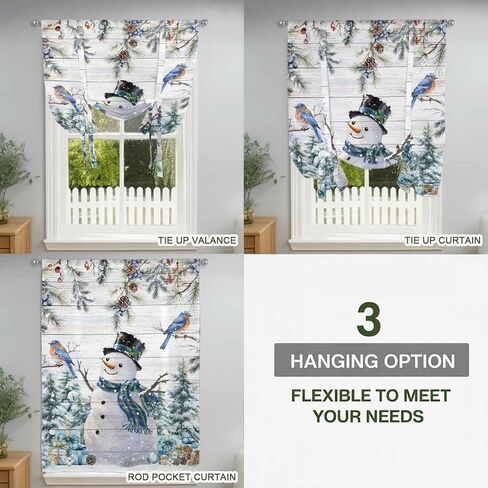 Blue Snowman Christmas Tie Up Curtains for Window, Xmas Tree Snowflake Gifts Wooden Thermal Insulated Balloon Shade Adjustable Rod Pocket Curtains Valance Panels for Kitchen Bathroom Café 52'' x 45'' in Saudi Arabia