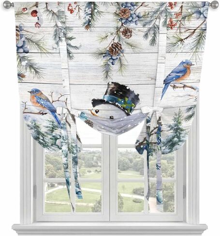 Blue Snowman Christmas Tie Up Curtains for Window, Xmas Tree Snowflake Gifts Wooden Thermal Insulated Balloon Shade Adjustable Rod Pocket Curtains Valance Panels for Kitchen Bathroom Café 52'' x 45'' in Saudi Arabia