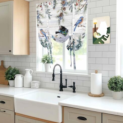 Blue Snowman Christmas Tie Up Curtains for Window, Xmas Tree Snowflake Gifts Wooden Thermal Insulated Balloon Shade Adjustable Rod Pocket Curtains Valance Panels for Kitchen Bathroom Café 52'' x 45'' in Saudi Arabia