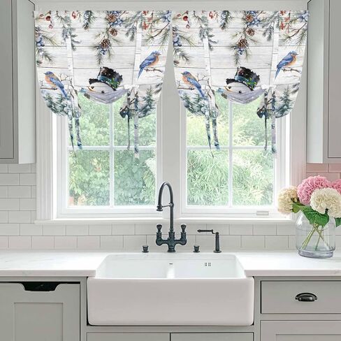 Blue Snowman Christmas Tie Up Curtains for Window, Xmas Tree Snowflake Gifts Wooden Thermal Insulated Balloon Shade Adjustable Rod Pocket Curtains Valance Panels for Kitchen Bathroom Café 52'' x 45'' in Saudi Arabia