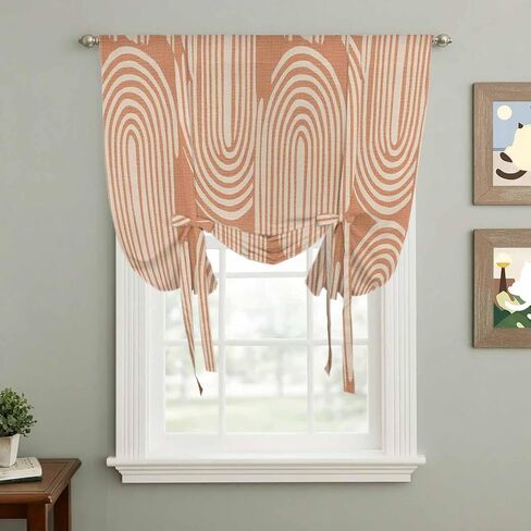 Line Texture Tie Up Curtains for Window, Orange Abstract Art Retro Thermal Insulated Balloon Shade Adjustable Rod Pocket Curtains Valance Panels for Kitchen Bathroom Café 34'' x 45'' in Saudi Arabia
