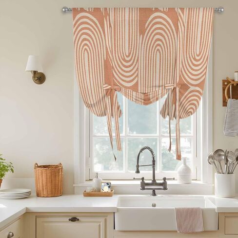 Line Texture Tie Up Curtains for Window, Orange Abstract Art Retro Thermal Insulated Balloon Shade Adjustable Rod Pocket Curtains Valance Panels for Kitchen Bathroom Café 34'' x 45'' in Saudi Arabia