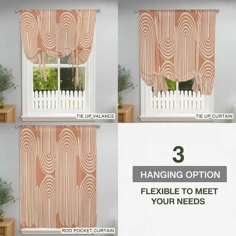 Line Texture Tie Up Curtains for Window, Orange Abstract Art Retro Thermal Insulated Balloon Shade Adjustable Rod Pocket Curtains Valance Panels for Kitchen Bathroom Café 34'' x 45'' in Saudi Arabia