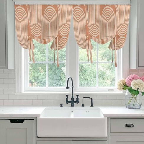 Line Texture Tie Up Curtains for Window, Orange Abstract Art Retro Thermal Insulated Balloon Shade Adjustable Rod Pocket Curtains Valance Panels for Kitchen Bathroom Café 34'' x 45'' in Saudi Arabia