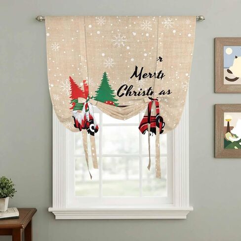 Red Christmas Tie Up Curtains for Window, Truck Gnomes Xmas Tree Snowflake Winter Thermal Insulated Balloon Shade Adjustable Rod Pocket Curtains Valance Panels for Kitchen Bathroom Café 46'' x 63'' in Saudi Arabia