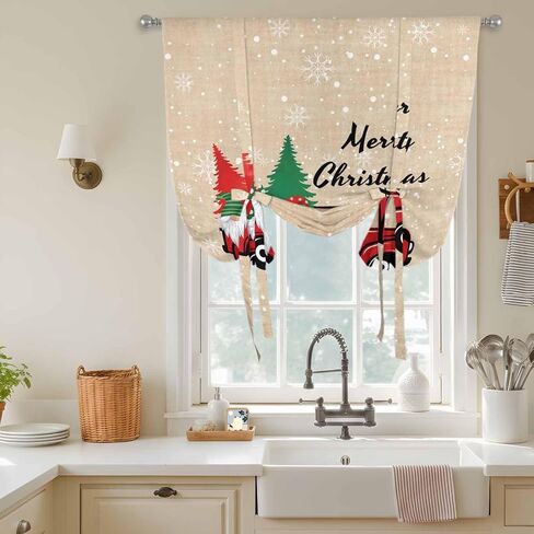 Red Christmas Tie Up Curtains for Window, Truck Gnomes Xmas Tree Snowflake Winter Thermal Insulated Balloon Shade Adjustable Rod Pocket Curtains Valance Panels for Kitchen Bathroom Café 46'' x 63'' in Saudi Arabia