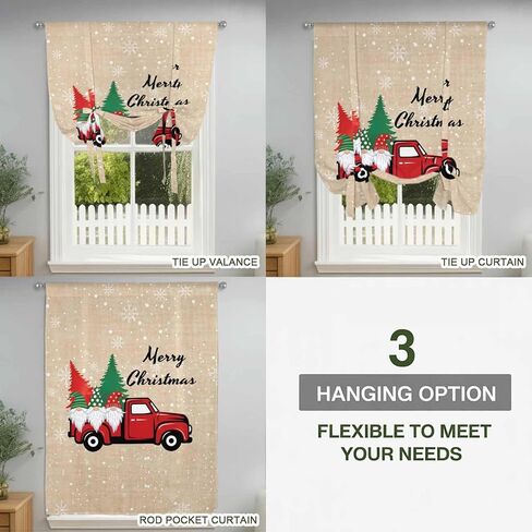 Red Christmas Tie Up Curtains for Window, Truck Gnomes Xmas Tree Snowflake Winter Thermal Insulated Balloon Shade Adjustable Rod Pocket Curtains Valance Panels for Kitchen Bathroom Café 46'' x 63'' in Saudi Arabia