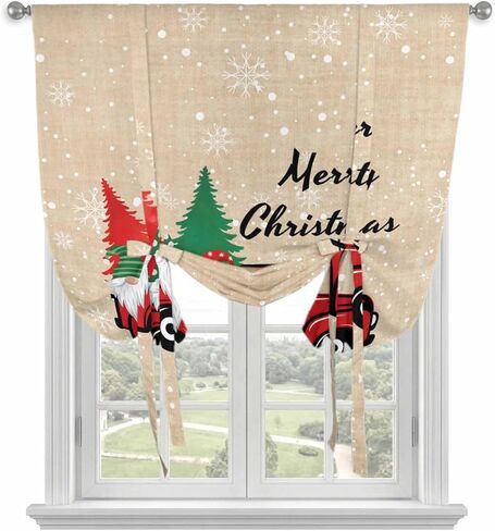 Red Christmas Tie Up Curtains for Window, Truck Gnomes Xmas Tree Snowflake Winter Thermal Insulated Balloon Shade Adjustable Rod Pocket Curtains Valance Panels for Kitchen Bathroom Café 46'' x 63'' in Saudi Arabia