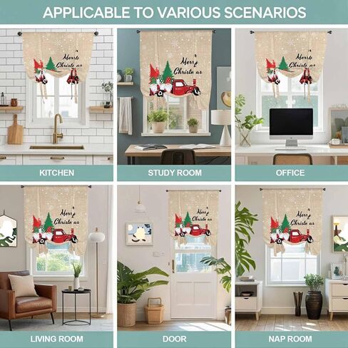 Red Christmas Tie Up Curtains for Window, Truck Gnomes Xmas Tree Snowflake Winter Thermal Insulated Balloon Shade Adjustable Rod Pocket Curtains Valance Panels for Kitchen Bathroom Café 46'' x 63'' in Saudi Arabia