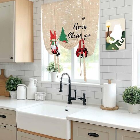 Red Christmas Tie Up Curtains for Window, Truck Gnomes Xmas Tree Snowflake Winter Thermal Insulated Balloon Shade Adjustable Rod Pocket Curtains Valance Panels for Kitchen Bathroom Café 46'' x 63'' in Saudi Arabia