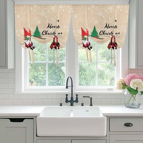 Red Christmas Tie Up Curtains for Window, Truck Gnomes Xmas Tree Snowflake Winter Thermal Insulated Balloon Shade Adjustable Rod Pocket Curtains Valance Panels for Kitchen Bathroom Café 46'' x 63'' in Saudi Arabia