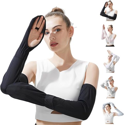 RainFlowwer Driving Fingerless Sun Sleeves, Adjustable Arm Sleeve with Gloves, UV Protection Cooling Arm Cover for Gardening in Kuwait