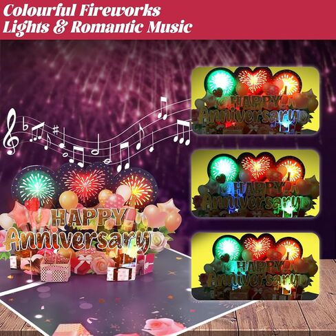 Anniversary Card with Colorful Lights and Music, 3D Pop Up Fireworks Romantic Anniversary Card, Wedding Anniversary Cards for Husband, Wife, Women, Men, Him, Her in Saudi Arabia