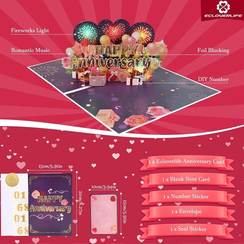 Anniversary Card with Colorful Lights and Music, 3D Pop Up Fireworks Romantic Anniversary Card, Wedding Anniversary Cards for Husband, Wife, Women, Men, Him, Her in Saudi Arabia