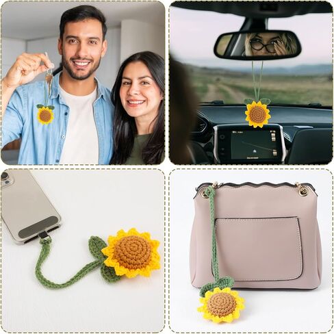 قطعتان من إكسسوارات السيارات عباد الشمس، نبات كروشيه لطيف للسيارة، سلسلة مفاتيح عباد الشمس، ملحقات تعليق مرآة السيارات، دلايات عباد الشمس الساحرة المصنوعة يدويًا للنساء، مرآة معلقة للسيارات in Kuwait